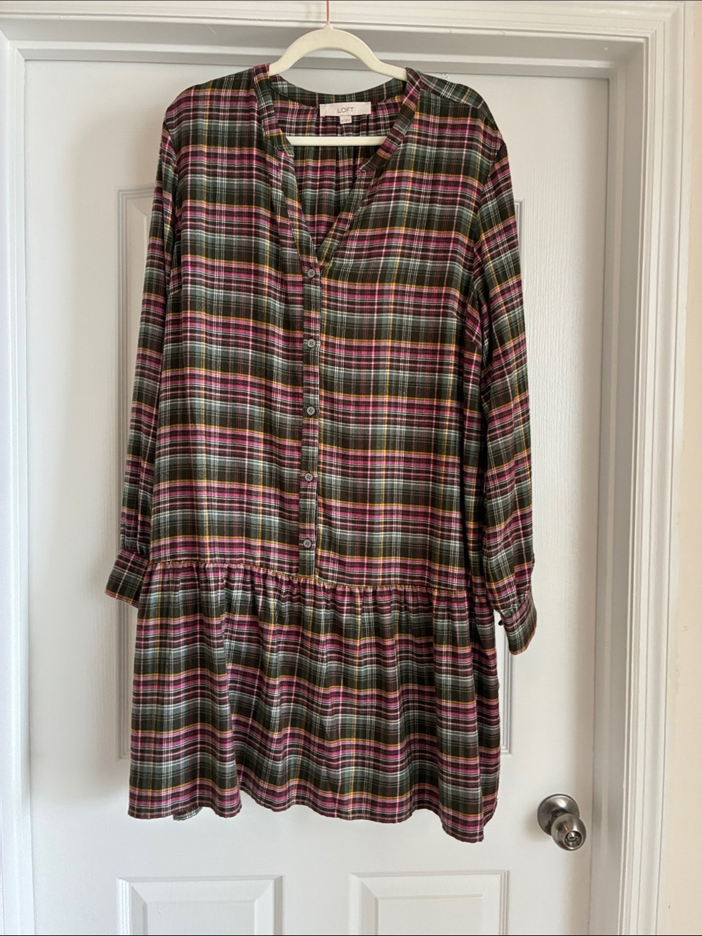 LOFT Tartan Dark Academia Plaid Button Front Drop Waist Flounce Dress Size XL - Picture 3 of 7
